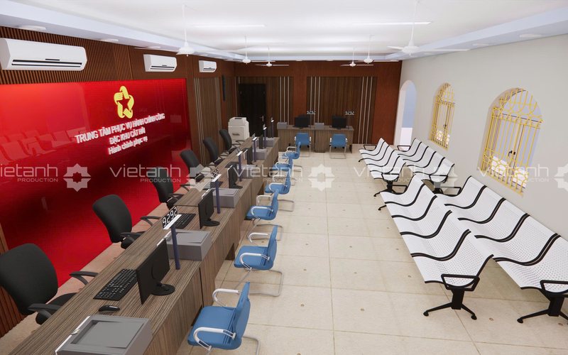 Phối cảnh khu vực chờ và quầy giao dịch Trung tâm hành chính công Cát Hải