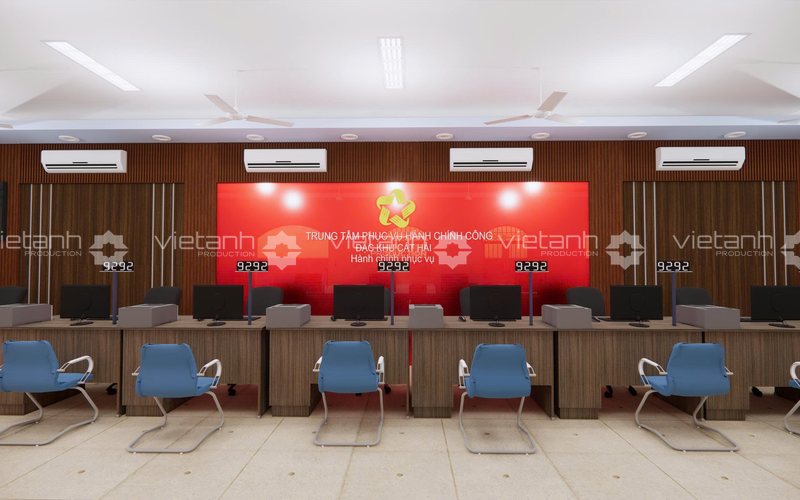 Phối cảnh trực diện hệ thống quầy giao dịch Trung tâm hành chính công Cát Hải