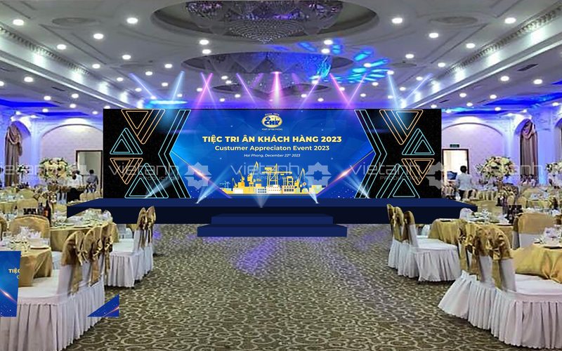 Phối cảnh sân khấu tiệc tri ân khách hàng dùng để chốt kích thước và bố cục trước thi công