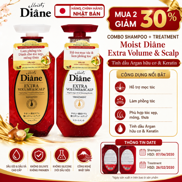 [MUA 2 GIẢM 30%] Combo 1 chai dầu gội và 1 chai dầu xả Moist Diane Extra Volume & Scalp 450ml hỗ trợ mọc tóc và làm phồng tóc