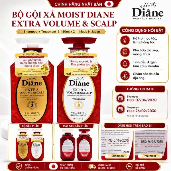 [MUA 2 GIẢM 30%] Combo 1 chai dầu gội và 1 chai dầu xả Moist Diane Extra Volume & Scalp 450ml hỗ trợ mọc tóc và làm phồng tóc