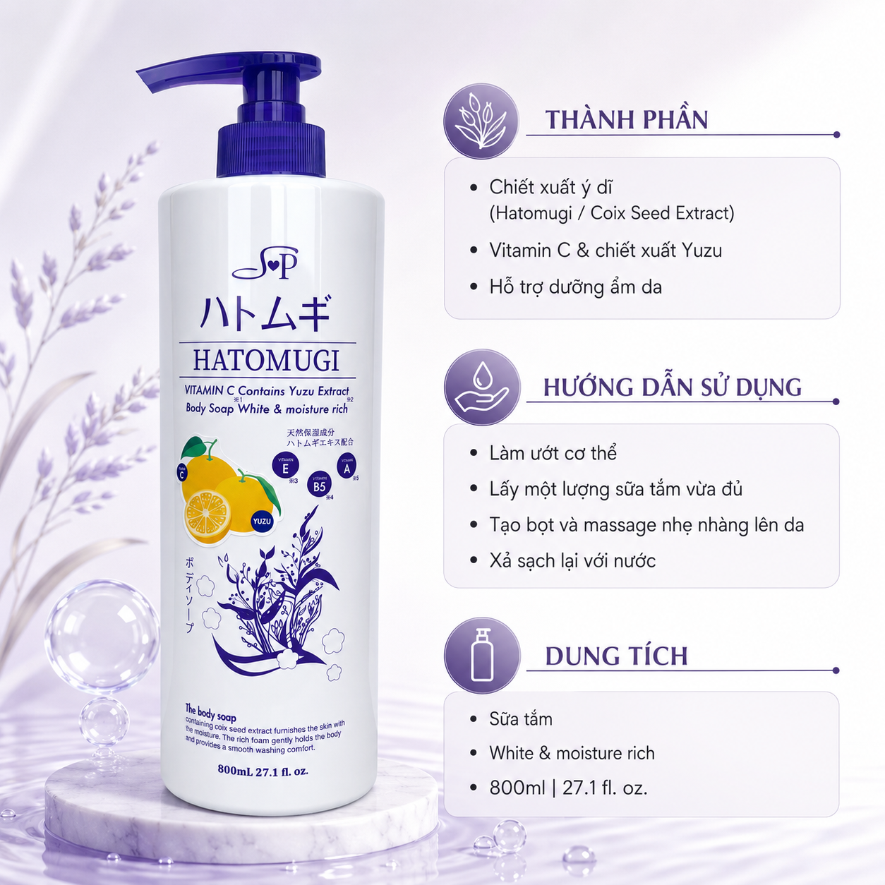 Sữa Tắm Dưỡng Ẩm Và Làm Trắng Da 800Ml Sp Hatomugi Body Soap White & Moisture Rich