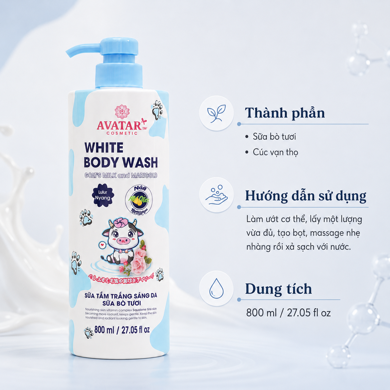 AVATAR Sữa Tắm Trắng Sáng Da Sữa Bò Tươi 800ml