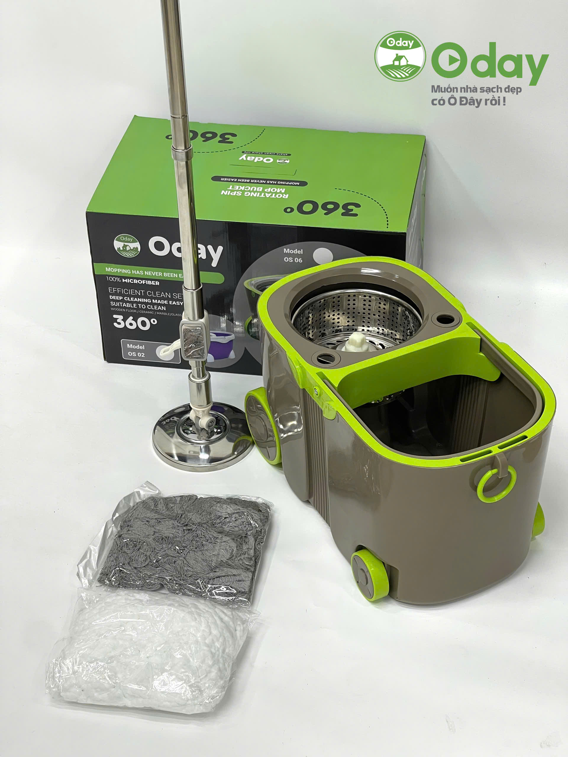 Bộ Lau Nhà 360 Độ Có 4 Bánh Xe, Cán Siêu Dài 1,5m Oday OS06
