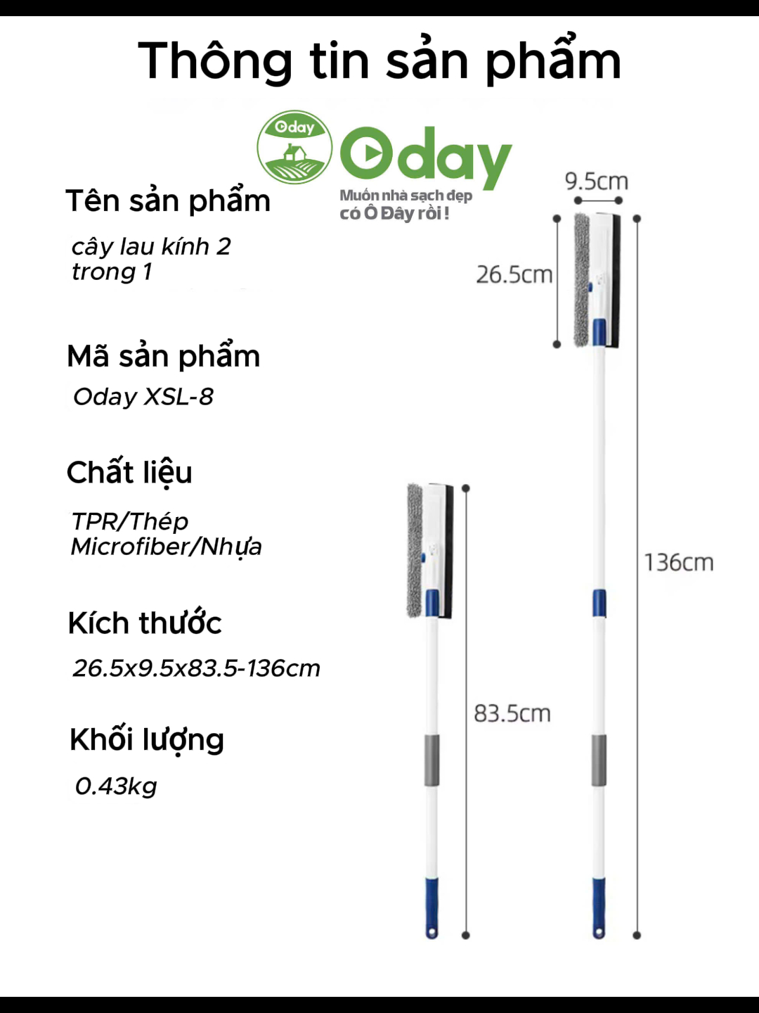 Cây Lau Kính Oday XSL-8, Lau Kính, Gạt Nước 2 trong 1