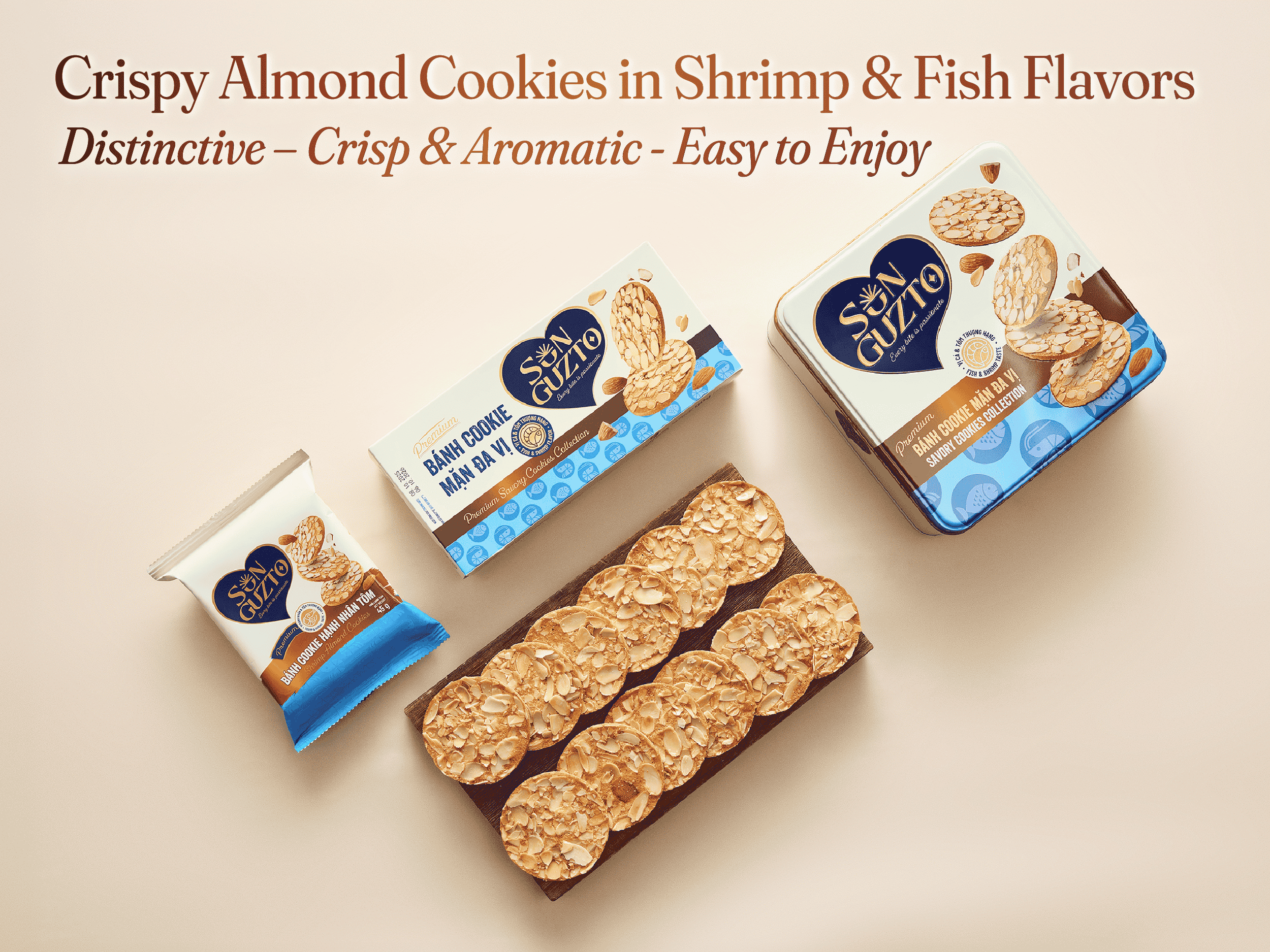 Crispy Almond Cookies in Shrimp & Fish Flavors: Distinctive – Crisp & Aromatic - Easy to Enjoy