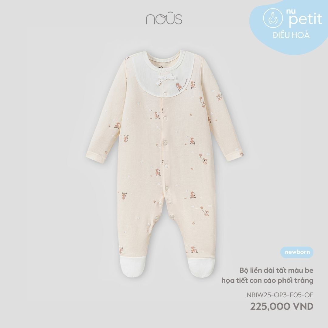 Bộ liền dài Nous tất màu be họa tiết con cáo phối trắng NB NOUS