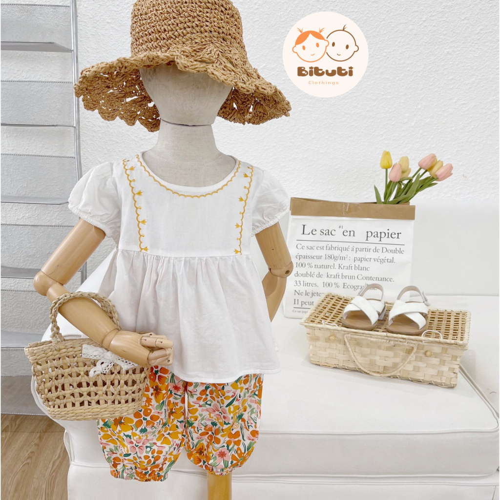 Set babydoll bé gái vải thô mềm quần hoa