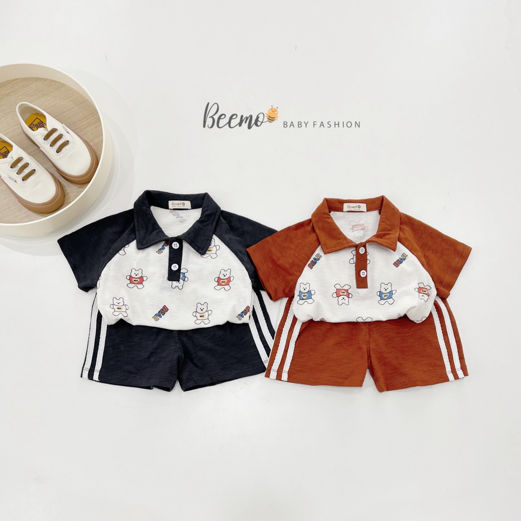 Set hình gấu áo cổ phối tay raglan Beemo