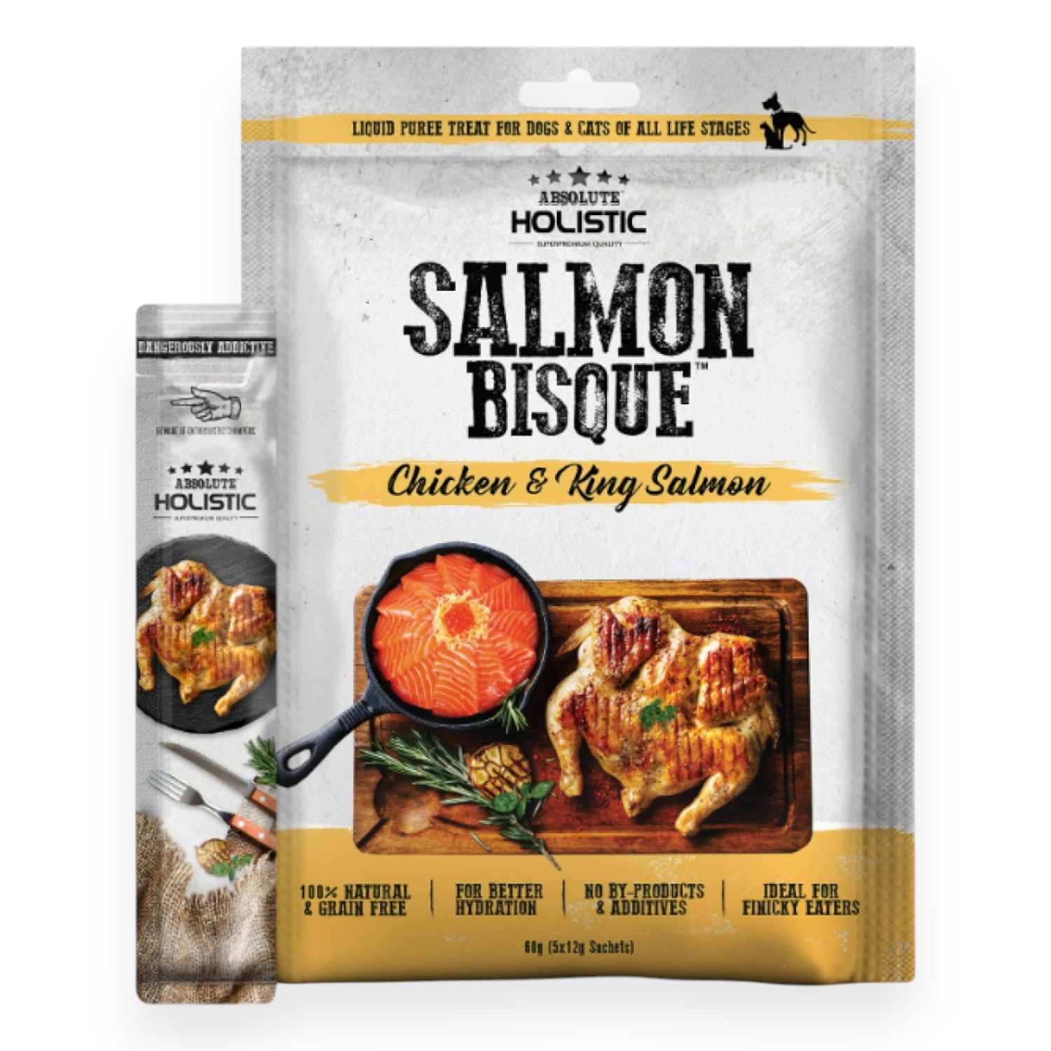 Súp thưởng Absolute Holistic Bisque - Thịt Gà & Cá Hồi Bịch 60g cho Chó & Mèo