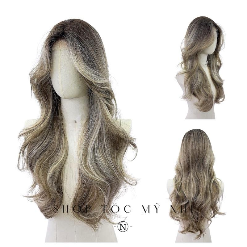 Tóc Giả Mỹ Nhi Xoăn Layer Hai Mái Bay Màu Tóc Highlight Rêu Khói x-dk1-0112 Da Đầu Dệt Kim