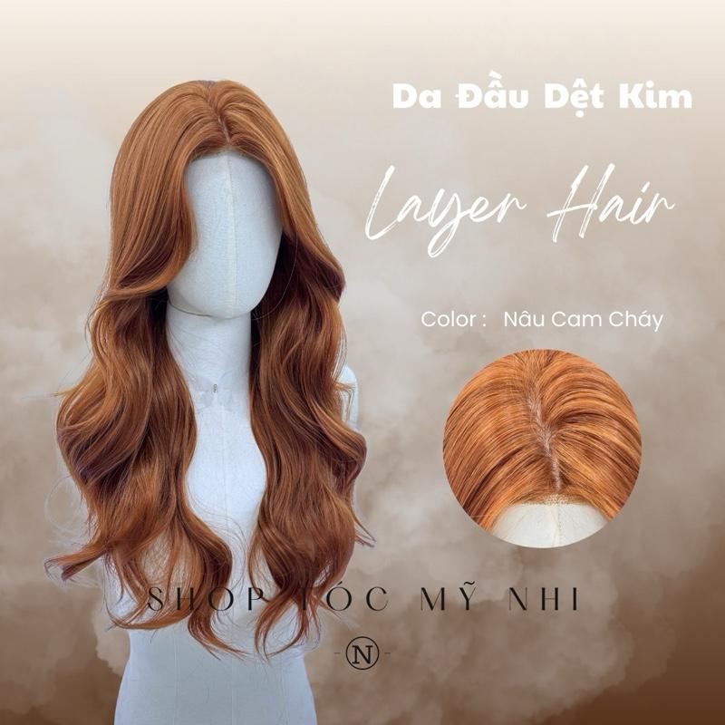 Tóc Giả Mỹ Nhi Xoăn Layer dài 60cm Hai Mái Màu Tóc Nâu Cam x-dk1-0119 Da Đầu Dệt Kim (rẻ ngôi được)