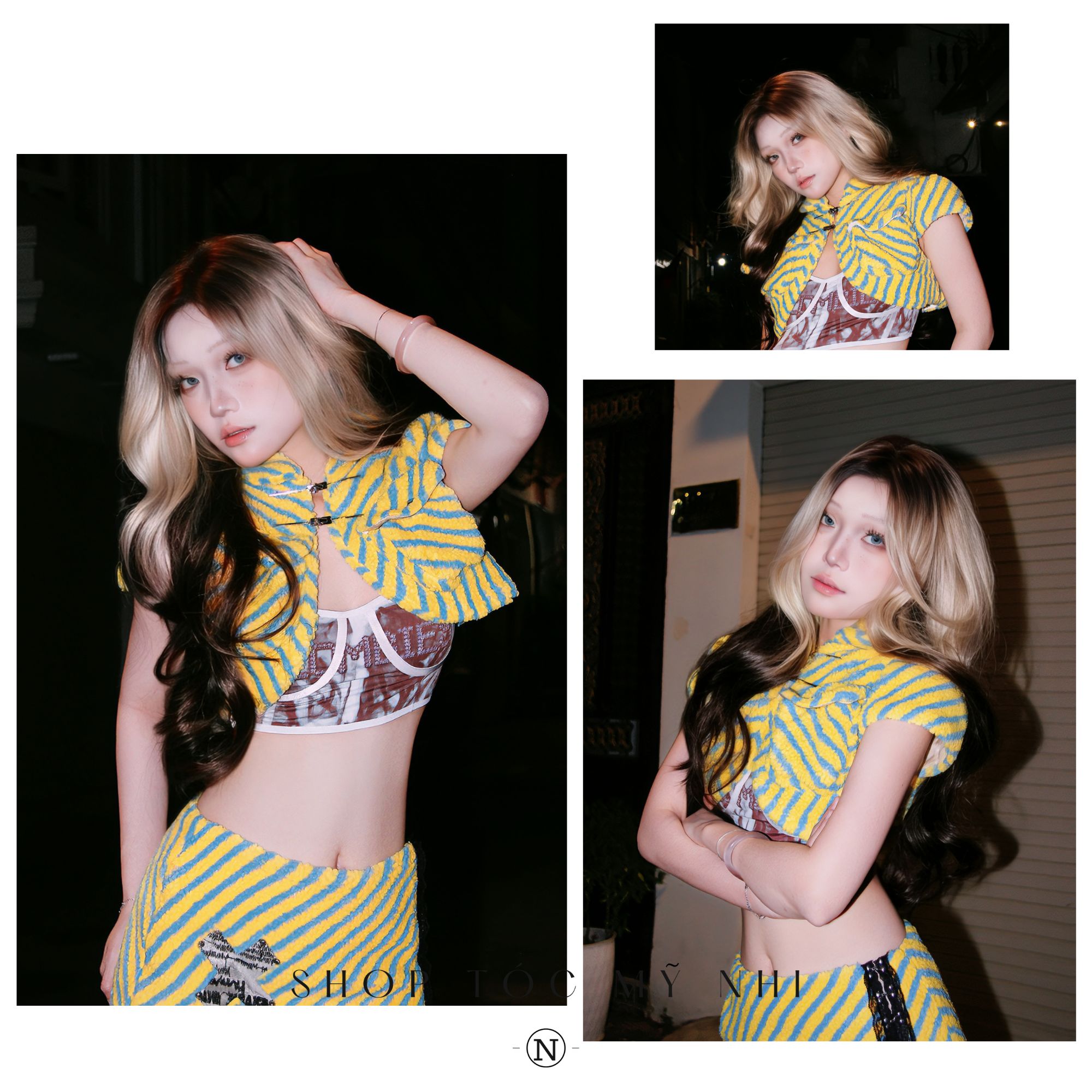 Tóc Giả  Dệt Kim Xoăn Layer Mái Bay Màu Tóc Vàng Mơ Nhuộm Ombre x-dk1-0117