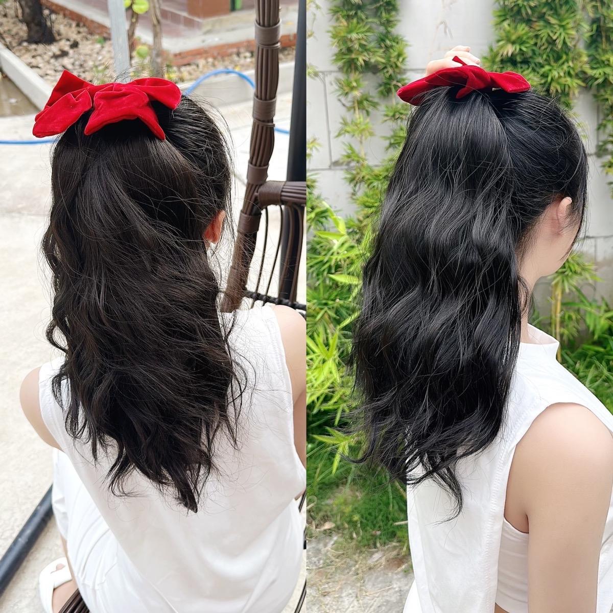 Tóc Giả Nữ Buộc Xù Sóng Kèm Nơ Nhung Đỏ