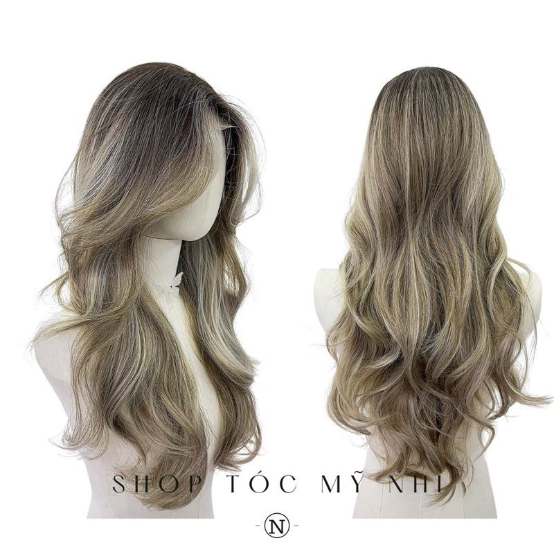 Tóc Giả Mỹ Nhi Xoăn Layer Hai Mái Bay Màu Tóc Highlight Rêu Khói x-dk1-0112 Da Đầu Dệt Kim