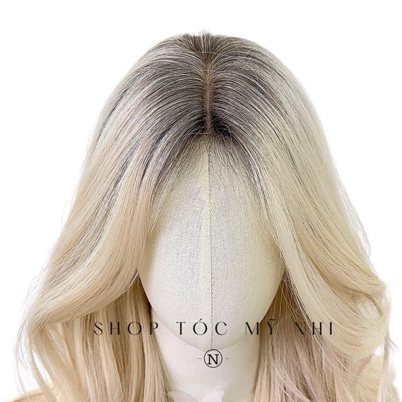 Tóc Giả Mỹ Nhi Xoăn Layer Nhuộm Chân Tóc Vàng Bạch Kim Dài 60cm x-dk1-0111 Da Đầu Dệt Kim (Platinum Blonde)
