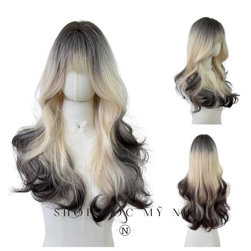Tóc Giả Dệt Kim Xoăn Layer Mái Thưa Hàn Quốc Màu Tóc Vàng Bạch Kim Ombre x-dk-0105