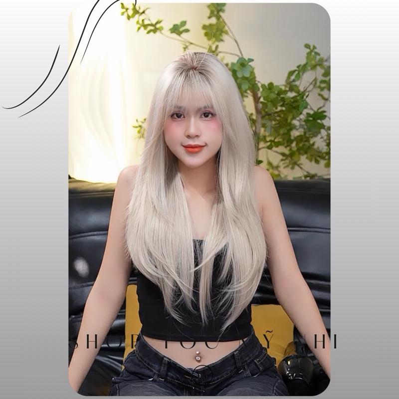 Tóc Giả Mỹ Nhi Mái Thưa Hush Cut dài 60cm Màu Tóc Chân Đen Sương Vàng c-dk-0908 Da Đầu Dệt Kim (rẻ ngôi được)