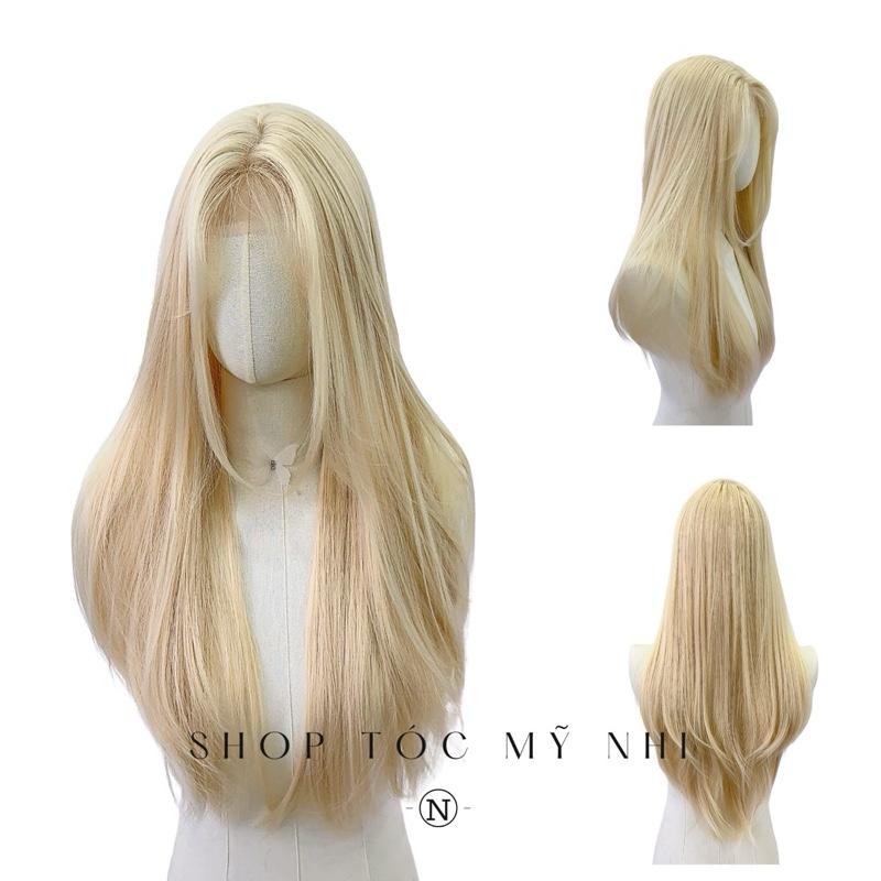 Tóc Giả Mỹ Nhi Tóc Thẳng Layer Hai Mái Dài Màu Tóc Vàng Bạch Kim t-dk1-0308 Da Đầu Dệt Kim (tóc màu vàng tẩy ivory)