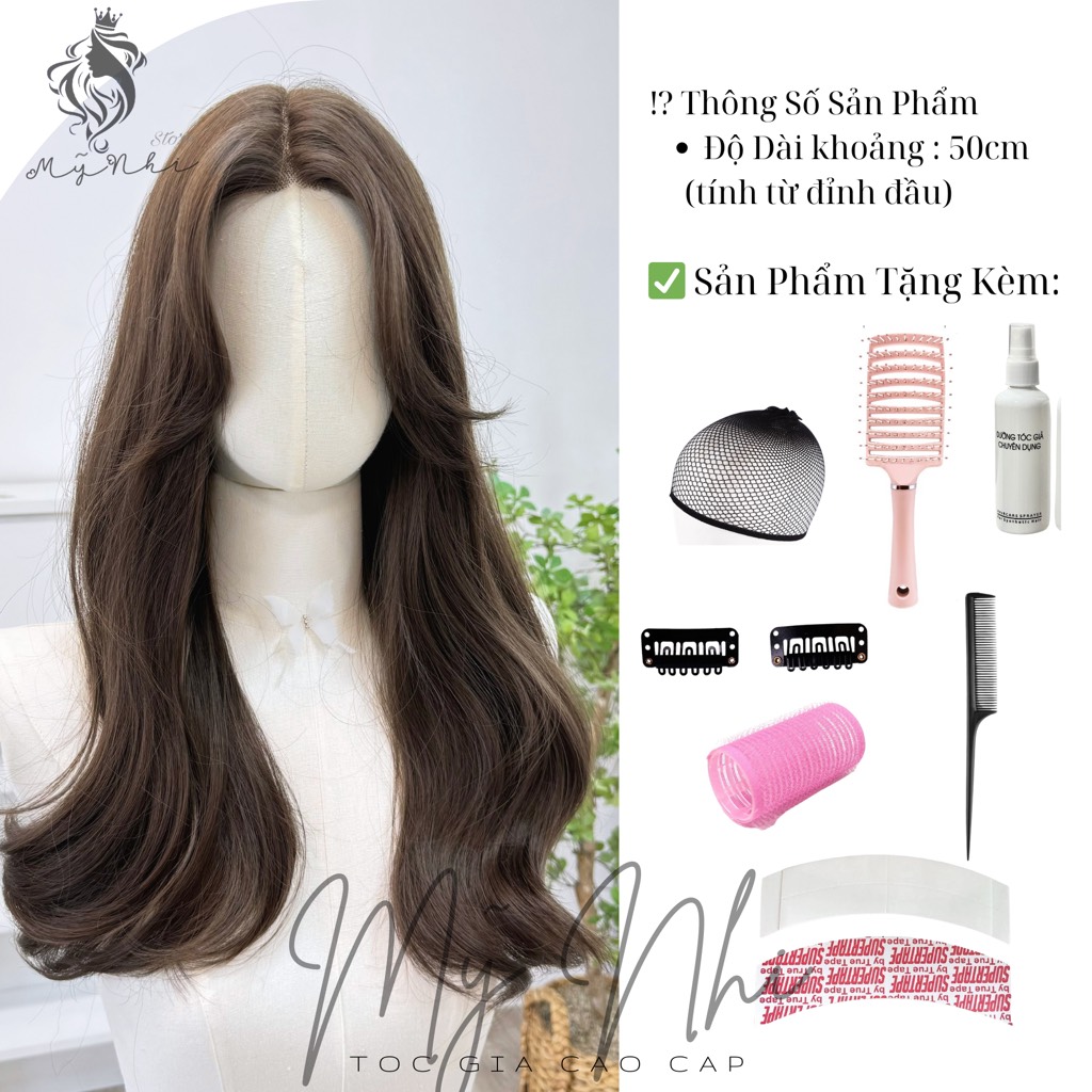 Siêu Da Đầu lưới chữ T Tóc Giả Mái Bay Xoăn Nhẹ Đuôi CC13 50cm