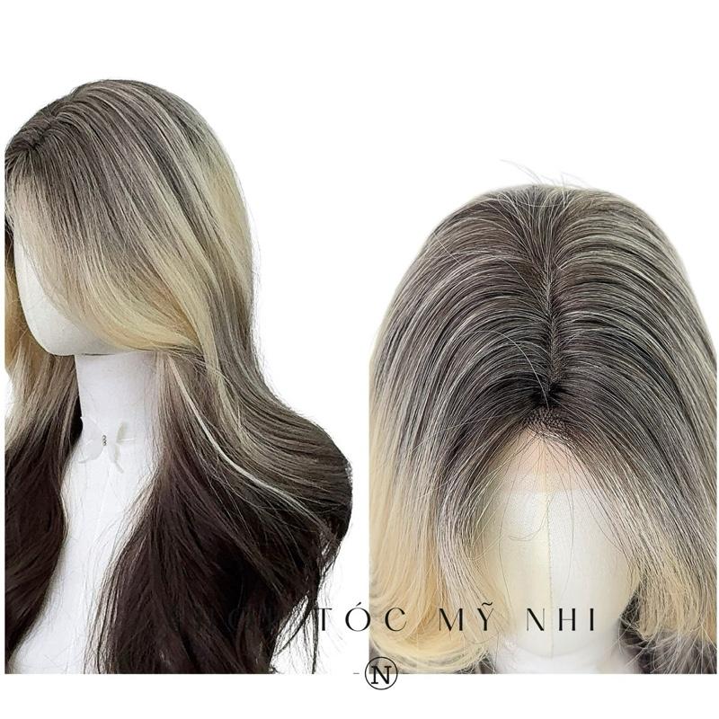 Tóc Giả Mỹ Nhi Xoăn Layer Mái Bay Màu Tóc Vàng Mơ Nhuộm Ombre x-dk1-0117 Da Đầu Dệt Kim