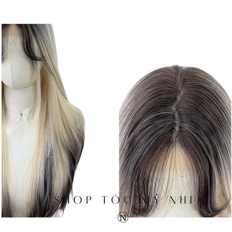Tóc Giả Mỹ Nhi Thẳng Layer Hai Mái Màu Tóc Vàng Bạch Kim Nhuộm Ombre Loang Màu t-dk1-0309 Da Đầu Dệt Kim (ivory ombre)