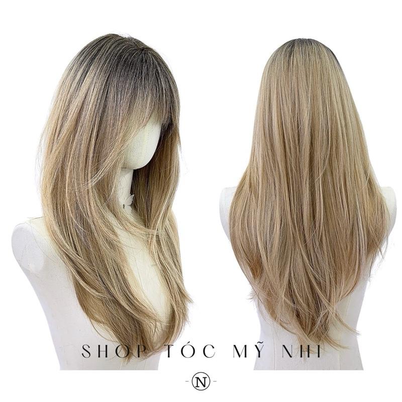 Tóc Giả Mỹ Nhi Cúp Layer Mái Thưa Hàn Quốc Chân Tóc Đen Nhuộm Ombre Vàng Blonde C-dk-0906 Da Đầu Dệt Kim (rẻ ngôi được)