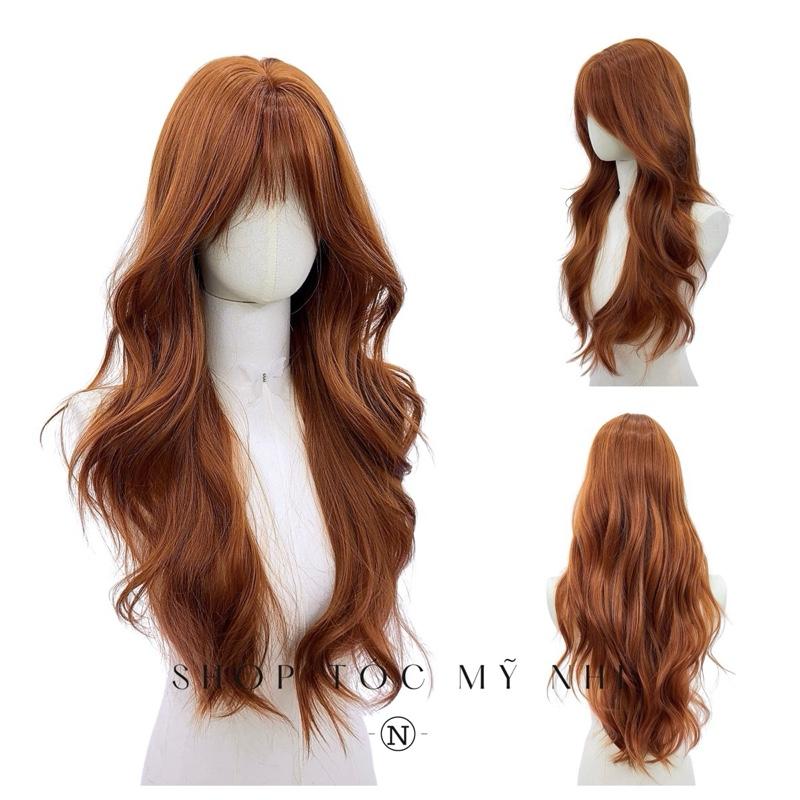 Tóc Giả Mỹ Nhi Xoăn Layer Dài Mái Thưa Hàn Quốc Màu Nâu Cam x-dk-1017 Da Đầu Dệt Kim