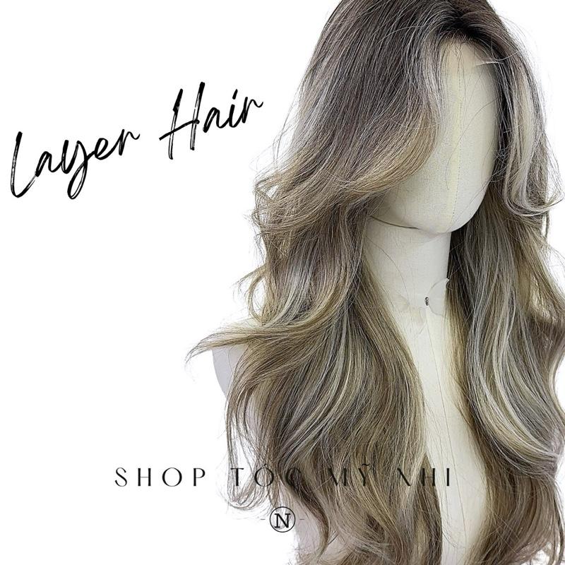 Tóc Giả Mỹ Nhi Xoăn Layer Hai Mái Bay Màu Tóc Highlight Rêu Khói x-dk1-0112 Da Đầu Dệt Kim