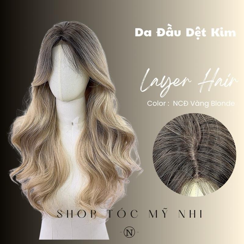 Tóc Giả Mỹ Nhi Xoăn Layer Hai Mái Chân Tóc Đen Nhuộm Màu Vàng Blonde dài 60cm x-dk1-0110 Da Đầu Dệt Kim