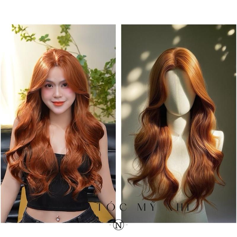 Tóc Giả Mỹ Nhi Xoăn Layer dài 60cm Hai Mái Màu Tóc Nâu Cam x-dk1-0119 Da Đầu Dệt Kim (rẻ ngôi được)
