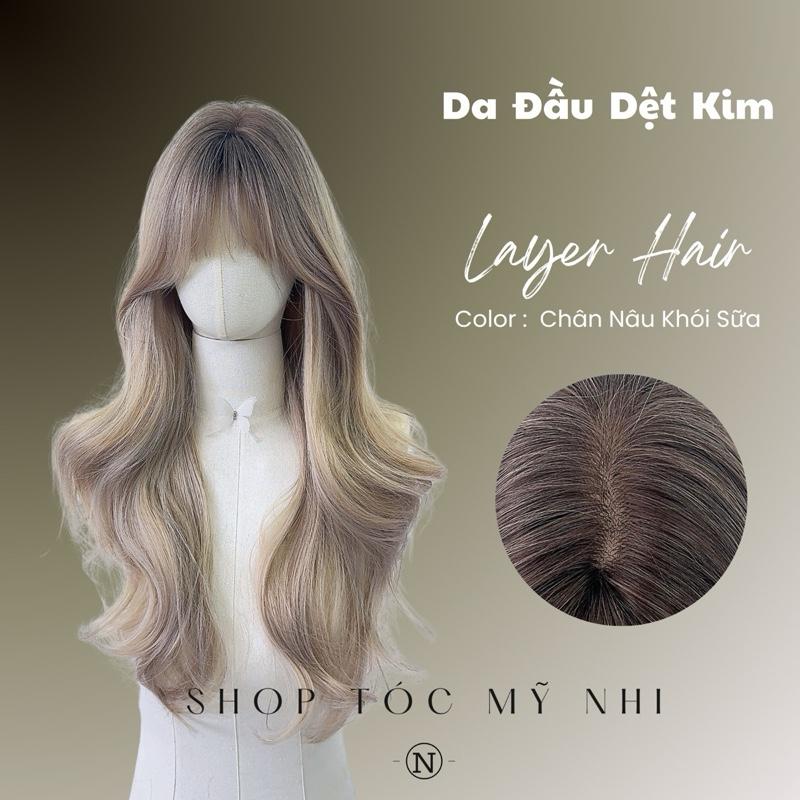 Tóc Giả Mỹ Nhi Xoăn Layer Mái Thưa Hàn Quốc Màu Tóc Chân Nâu Nhuộm Ombre Khói Sữa x-dk-0103 Da Đầu Dệt Kim