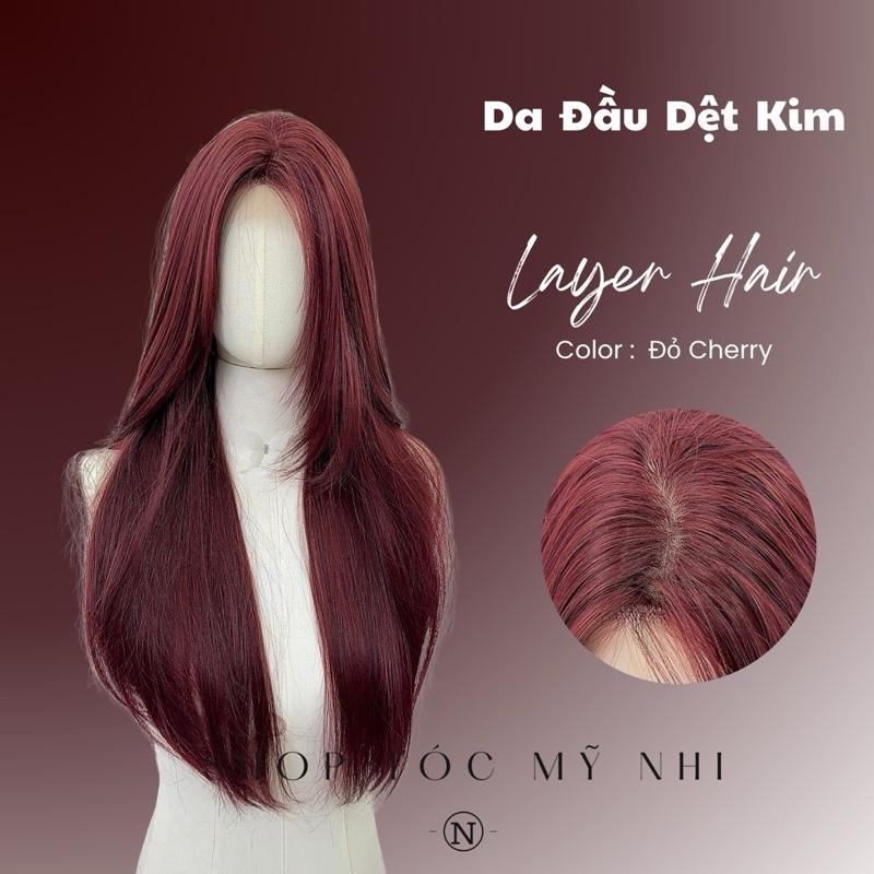 Tóc Giả Dệt Kim Tóc Thẳng Layer Hai Mái Màu Đỏ Cherry t-dk1-0310