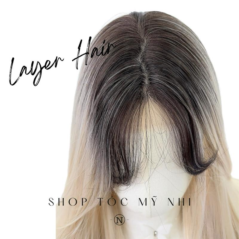 Tóc Giả Mỹ Nhi Thẳng Layer Hai Mái Màu Tóc Vàng Bạch Kim Nhuộm Ombre Loang Màu t-dk1-0309 Da Đầu Dệt Kim (ivory ombre)