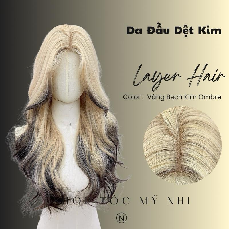 Tóc Giả Mỹ Nhi Xoăn Layer Hai Mái Vàng Bạch Kim Nhuộm Đuôi Tóc Ombre Loang Màu x-dk1-0108 Da Đầu Dệt Kim