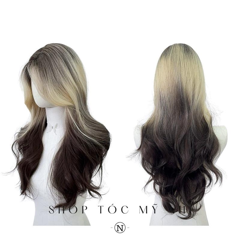 Tóc Giả Mỹ Nhi Xoăn Layer Mái Bay Màu Tóc Vàng Mơ Nhuộm Ombre x-dk1-0117 Da Đầu Dệt Kim