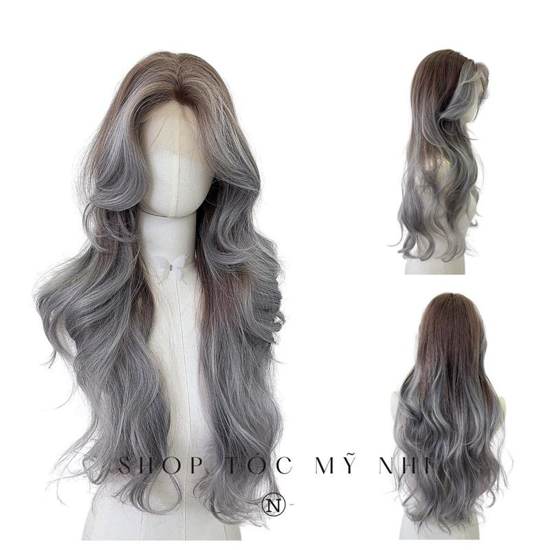 Tóc Giả 3D Bouncy Curl Tóc Xoăn Bung Layer Mái Bay Màu Tóc Balayage Xám Xanh x-3d-0201
