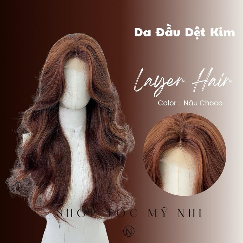 Tóc Giả Mỹ Nhi Xoăn Layer Hai Mái Màu Tóc Nâu Choco x-dk1-0114 Da Đầu Dệt Kim
