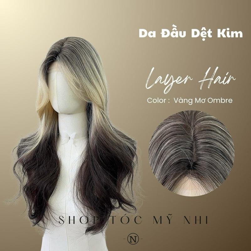 Tóc Giả  Dệt Kim Xoăn Layer Mái Bay Màu Tóc Vàng Mơ Nhuộm Ombre x-dk1-0117