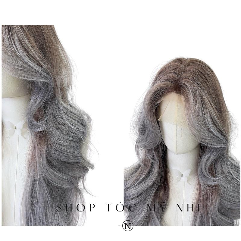 Tóc Giả Mỹ Nhi Bouncy Curl Tóc Xoăn Bung Layer Mái Bay Màu Tóc Balayage Xám Xanh x-3d-0201 Da Đầu 3D Kết Hợp (phân khúc DÁN KEO)