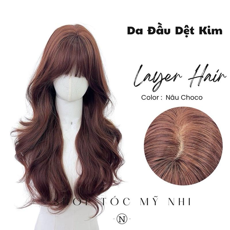 Tóc Giả Mỹ Nhi Xoăn Layer Mái Thưa Hàn Quốc Màu Tóc Nâu Choco x-dk-0101 Da Đầu Dệt Kim