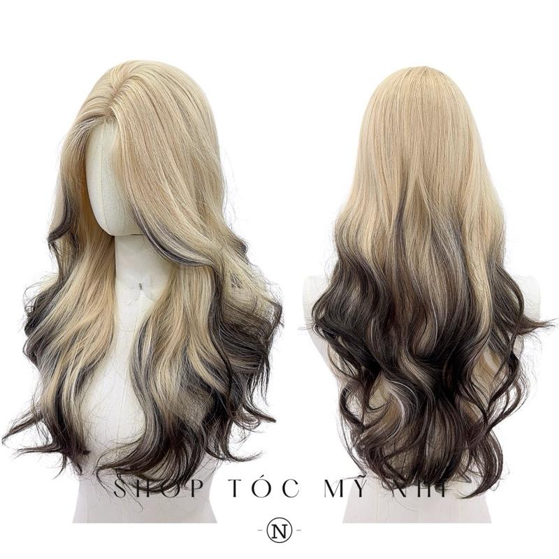Tóc Giả Dệt Kim Xoăn Layer Hai Mái Vàng Bạch Kim Nhuộm Đuôi Tóc Ombre x-dk1-0108