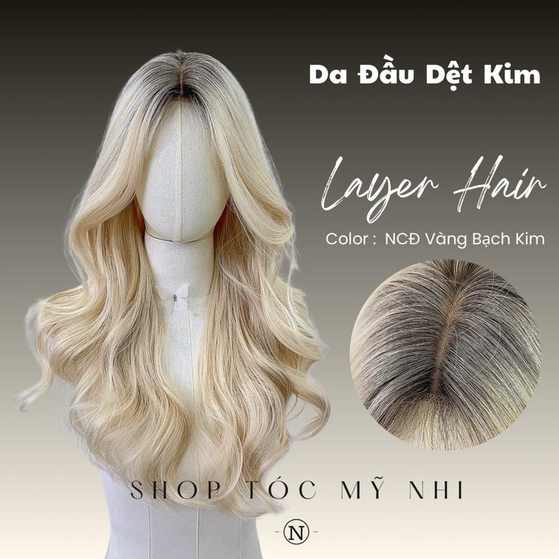 Tóc Giả  Dệt Kim Xoăn Layer Nhuộm Chân Tóc Vàng Bạch Kim Dài 60cm x-dk1-0111