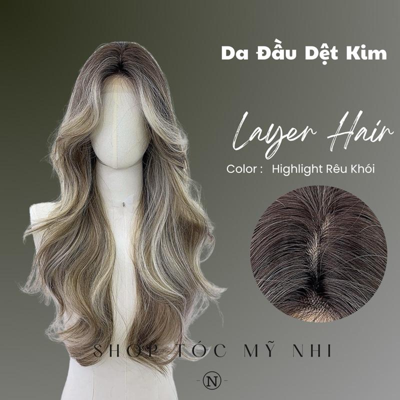 Tóc Giả Mỹ Nhi Xoăn Layer Hai Mái Bay Màu Tóc Highlight Rêu Khói x-dk1-0112 Da Đầu Dệt Kim