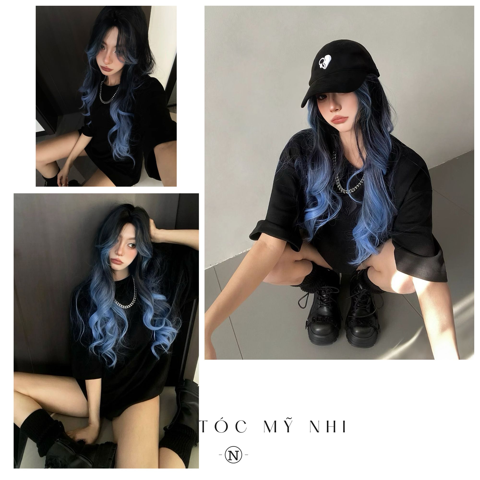 Tóc Giả 3D Bouncy Curl Xoăn Bung Mái Bay Màu Tóc Balayage Xanh Khói x-3d-0204