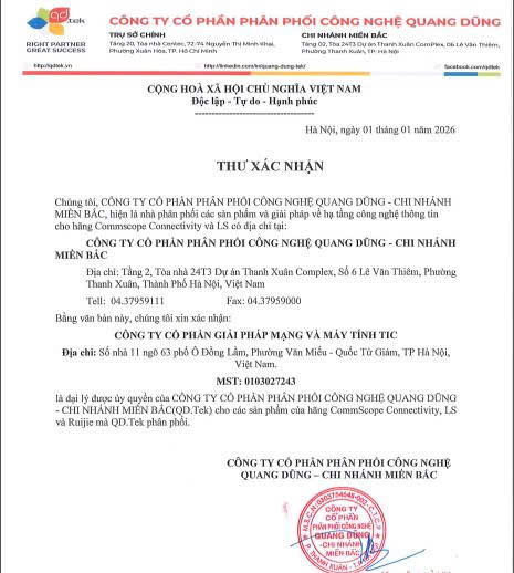 Giấy chứng nhận đại lý của TIC và Hình ảnh thực tế cáp mạng Commscope