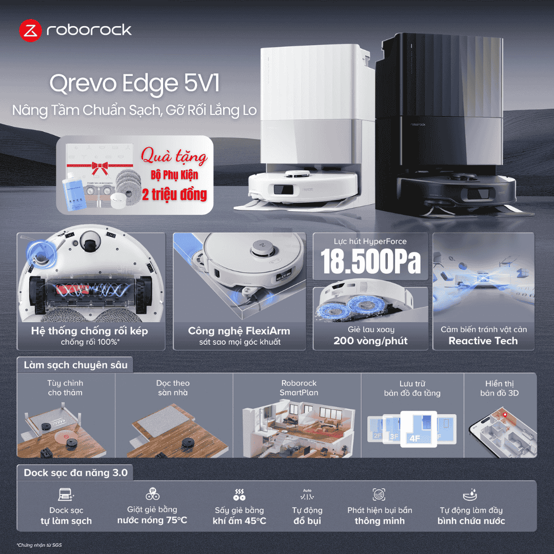robot hút bụi, lau nhà Roborock Qrevo Edge 5V1 Quốc Tế