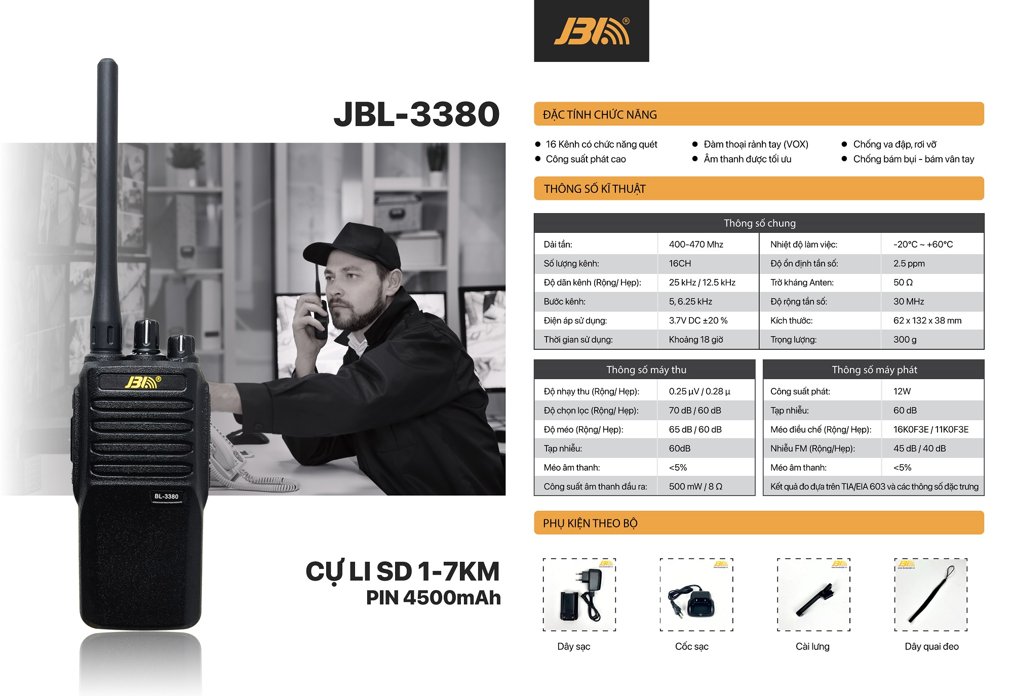 Bộ Đàm JBL-3380 – Công Suất Đỉnh Cao 12W, Cự Ly 1-7KM, Chống Va Đập