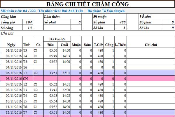 Các dạng báo cáo chấm công EXCEL.