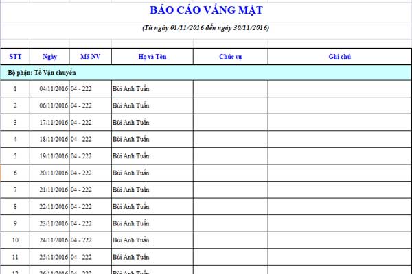 Các dạng báo cáo chấm công EXCEL.